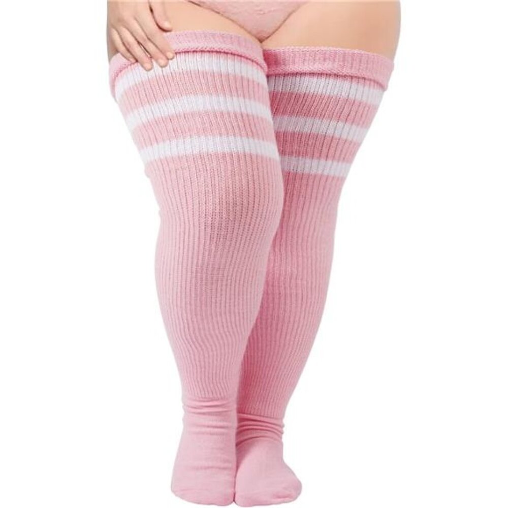 Plus Size Womens Thigh High Socks for Thick Thighs- Extra Long Striped Thick